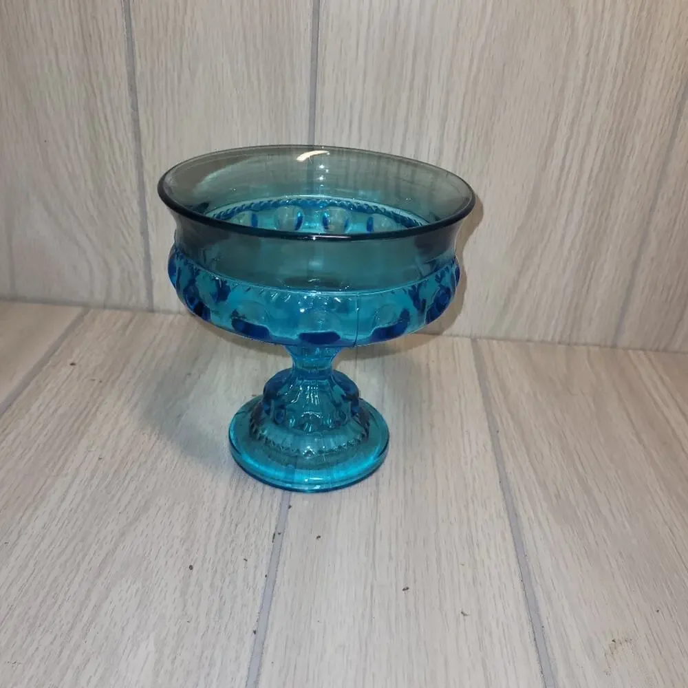Vintage Indiana Glass Aqua Blue King Crown Thumbprint Candy Dish Blue